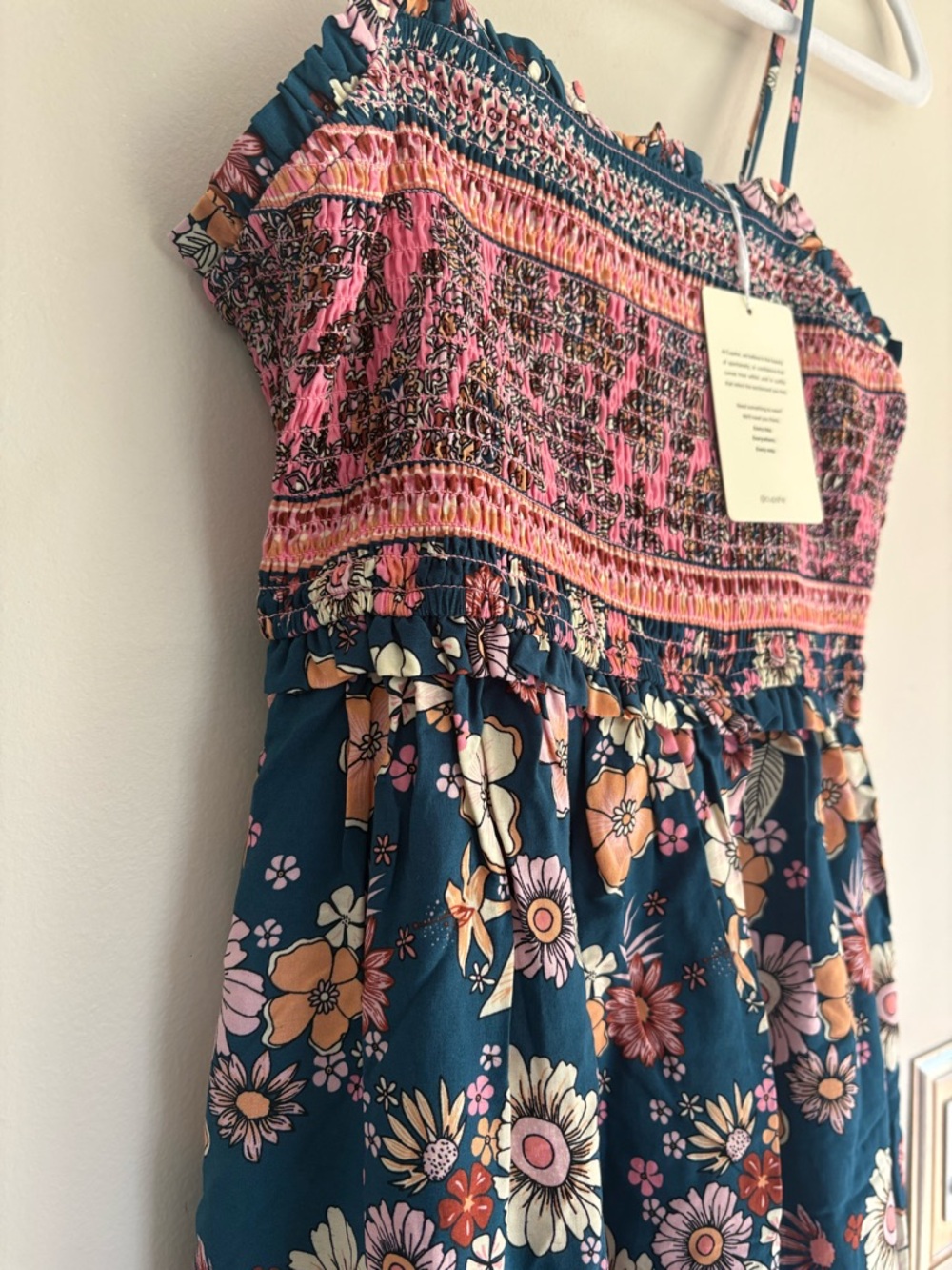 CUPSHE Teal Floral Smocked Maxi Dress with Pink Trim - Picture 2 of 3